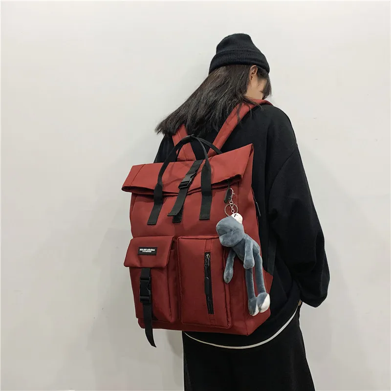 Japanese fashion backpack female high school students Korean tooling schoolbag male large capacity square travel computer bag.