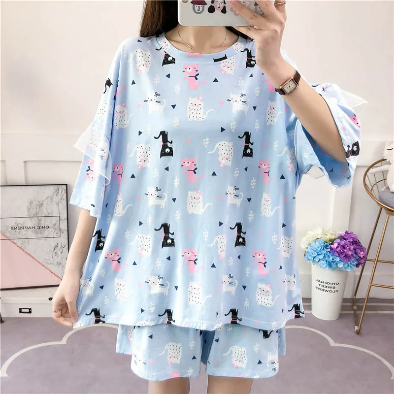 150-175Kg Plus size women\'s summer cartoon pajama suit bust 170cm 7XL 8XL 9XL 10XL 11XL loose short-sleeved home service shorts