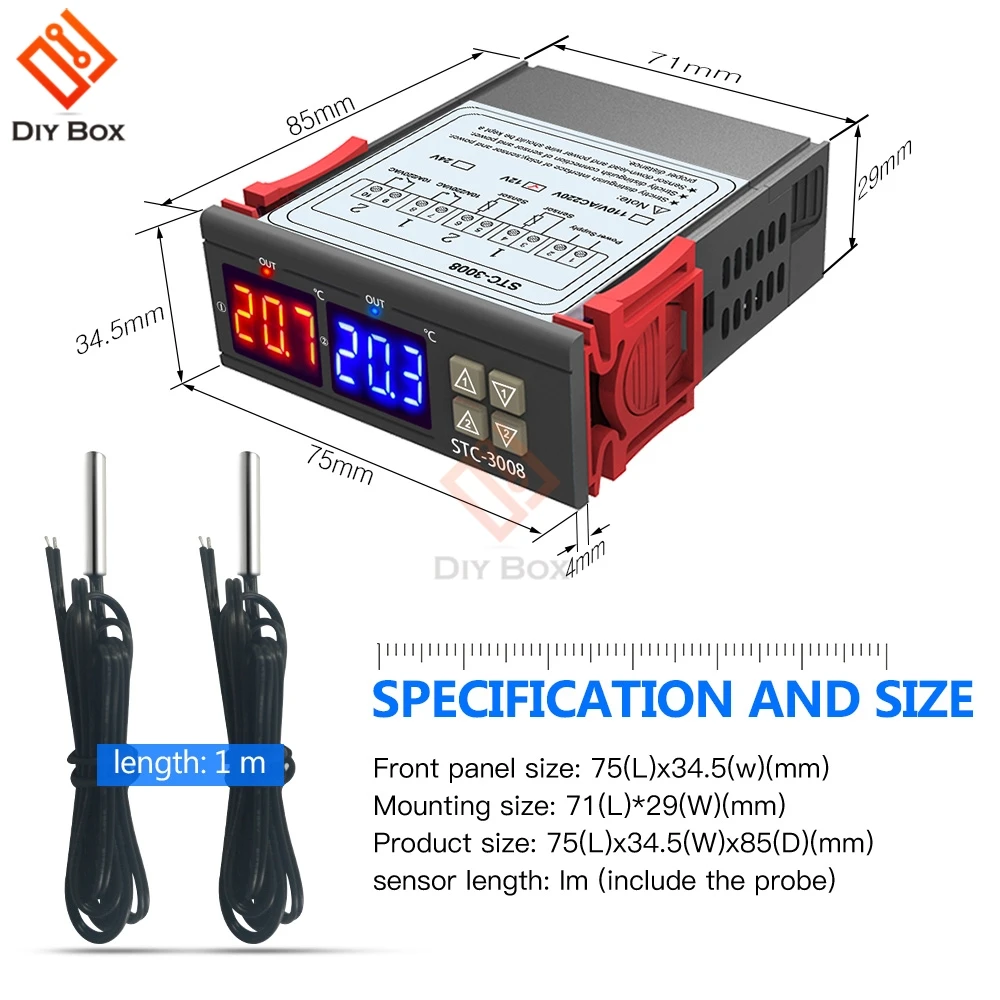 STC-1000 3000 3008 듀얼 LED 디지털 온도 조절기, 온도 조절기, 가열 냉각 조절기, DC 12V, 24V, AC 110V, 220V