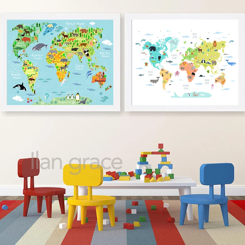 World Map with Wild Animals Prints Educational Poster Cute Cartoon Mammals Canvas Painting Nursery Picture Kids Room Wall Decor