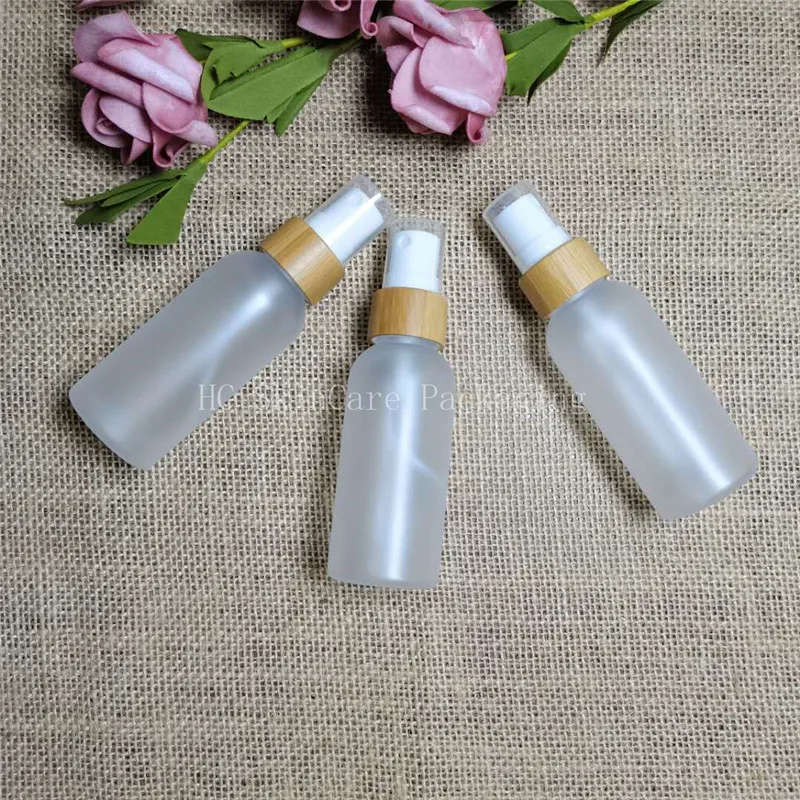 spray bottles wholesale 60ml 120ml 150ml  frosted plastic bottle Environmental bamboo lid glass bottles empty cosmetic container