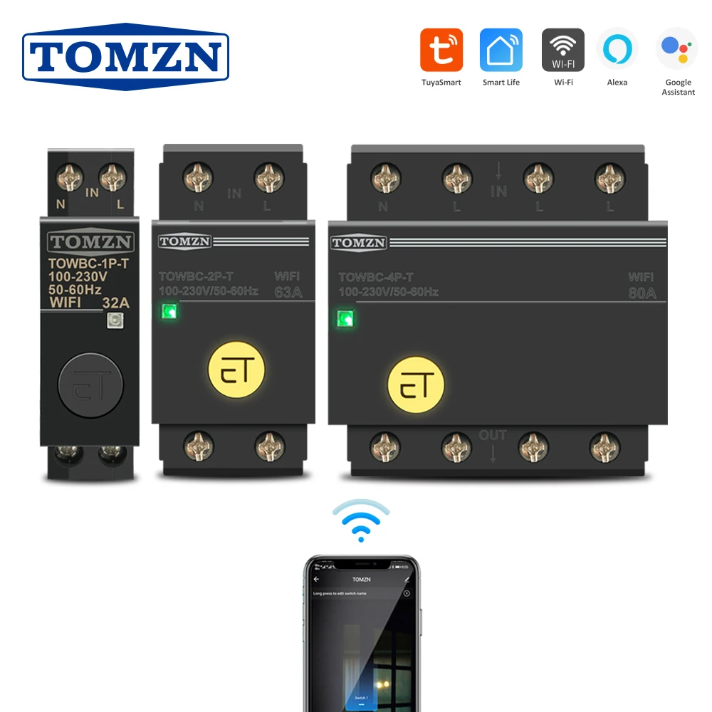 Disjuntor wi-fi com trilho din, interruptor inteligente, controle remoto por vida inteligente tuya para casa inteligente mcb tomzn mini TOWBC-4P-T