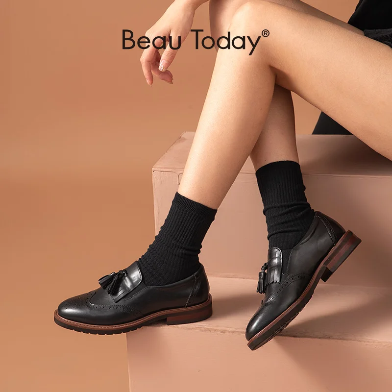 BeauToday Loafers Women Cow Leather Fringe Brogue Round Toe Elastic Band Slip-On Spring Lady Flat Heel Shoes Handmade 27902