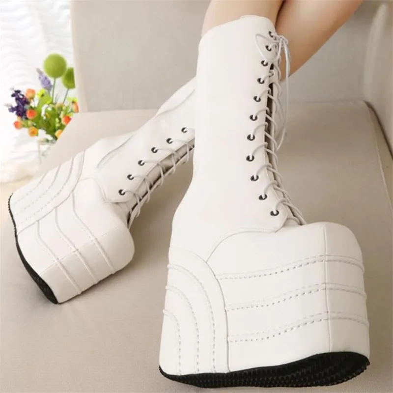 Big Size 34-43 Womens Fashion Punk Style White/Black Cosplay Boots Square Toe Wedges Platform Boots Leather Long Boots