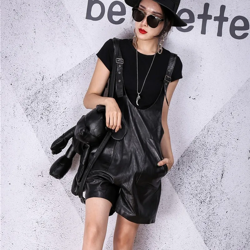 High Quality Women Real Sheepskin Straps Bib Shorts Streetwear Overalls Female Casual Loose Fit Genuine Leather Shorts Rompers