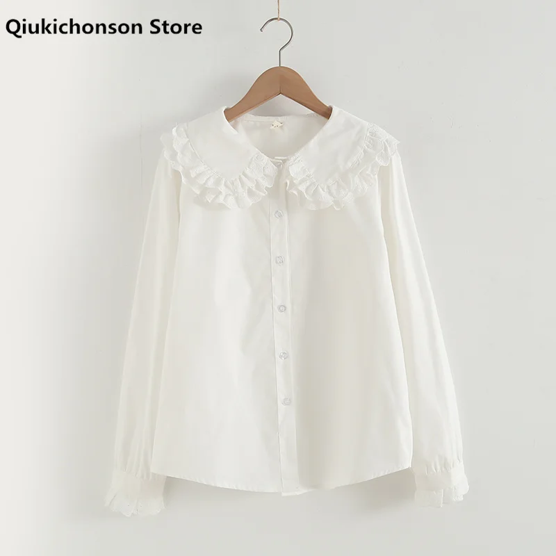 

Kawaii Soft Girl Lolita Blouse Women Spring Autumn Long Sleeve Tops Cute Button Up Frilled Ruffle Peter Pan Collared Shirt White