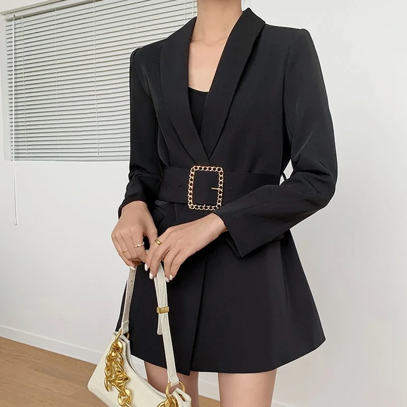 Vintage New Elegant Adjustable Waist Suits Womens Slim Notched Single Button Fashion Black High Quality Korean Style Coat