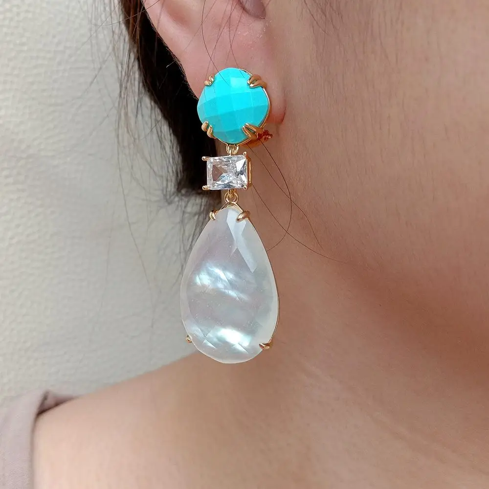 KKGEM  rhombus Blue Crystal Clear Cz 19x30mm White Teardrop Shell Mother Of Pearl Dangle Earrings