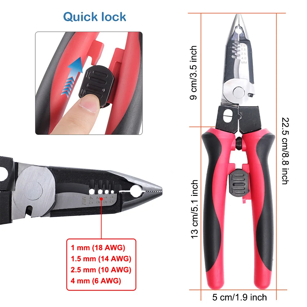 6 Functions Pliers 6-in-1 Wire Stripping Crimper Tool 9 Inch Cable Cutter Wire Cutting Wire Crimper Wire Cutting Pliers Tool D30