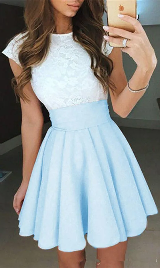 2020 céu claro azul rendas formatura curto vestidos de baile bateau pescoço cetim ruched mini baile de formatura festa cocktail vestido para meninas