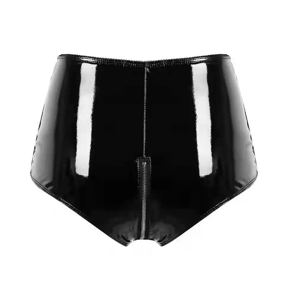 Women Sexy Opening Crotch Leather Shorts For Sex Erotic Porn Below Crotchless Underwear Glossy Zipper Latex Bag Hip Pants Sexi