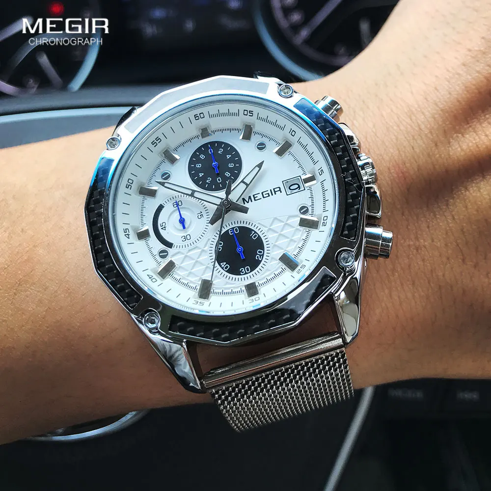 MEGIR Men\'s Watches 2020 Luxury Fashion Chronograph Quartz Watch for Man Mesh Strap Casual Army Sport Waterproof Wrist Watches