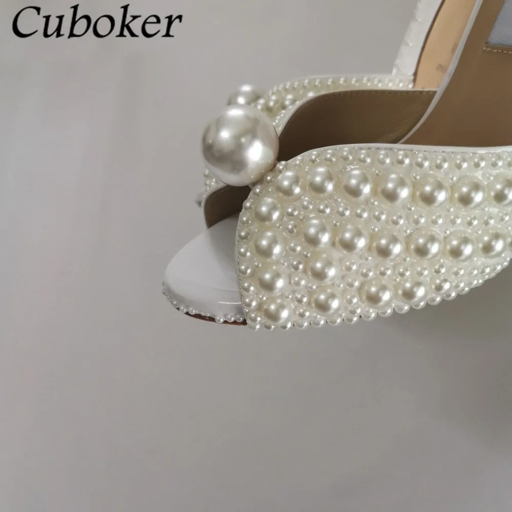 Brand Designer Women High Heel Sandals Pearl Decor Super High Heel Party Dress Wedding Shoes Woman Ankle Straps Slides Mujer