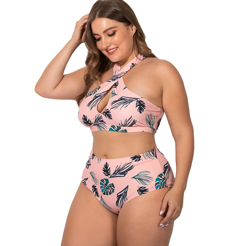 Rimiut plus size feminino conjunto de biquíni de gordura sexy cruz poliéster felmale roupa de banho planta impresso 5xl 4xl tamanho grande biquíni