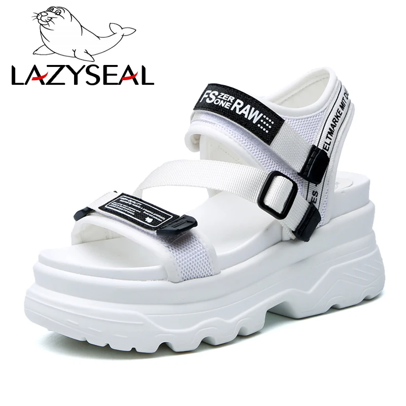 LazySeal projektanci mody kobiet sandały na platformie czarny Chunky sandały sportowe 8cm buty na koturnie dla kobiety letnie obuwie 2020