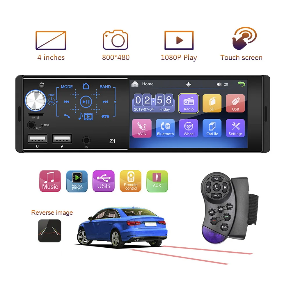 Bluetooth Steering Wheel Control 1Din Auto FM Stereo Audio Radio Support Rearview Camera 4.1 Inch Touch Screen Car MP5 Player