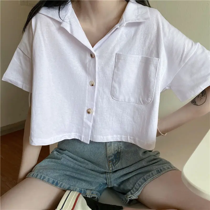 Top corto con bolsillo para mujer, Camisa lisa de estilo coreano, suelta, ajustada, transpirable, combina con todo, moda de estudiantes, Preppy Chic, nuevo diseño de verano