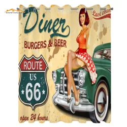 Route 66 Curtains Diner Burgers Beer Cafe Sign with a Waitress on a Car Freeway Retro Illustration Living Room Bedroom Window