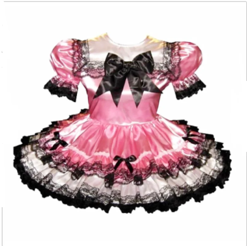 Customized Fit Pink And White Lace Patchwork Satin Bow For Adult Little Girl Sissy Dress With Fluffy Bubble Sleeves Princess