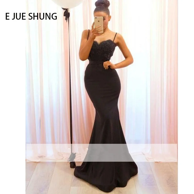

E JUE SHUNG Black Mermaid Evening Dresses Lace Appliques Spaghetti Straps Backless Long Prom Dresses Formal Party Evening Gowns