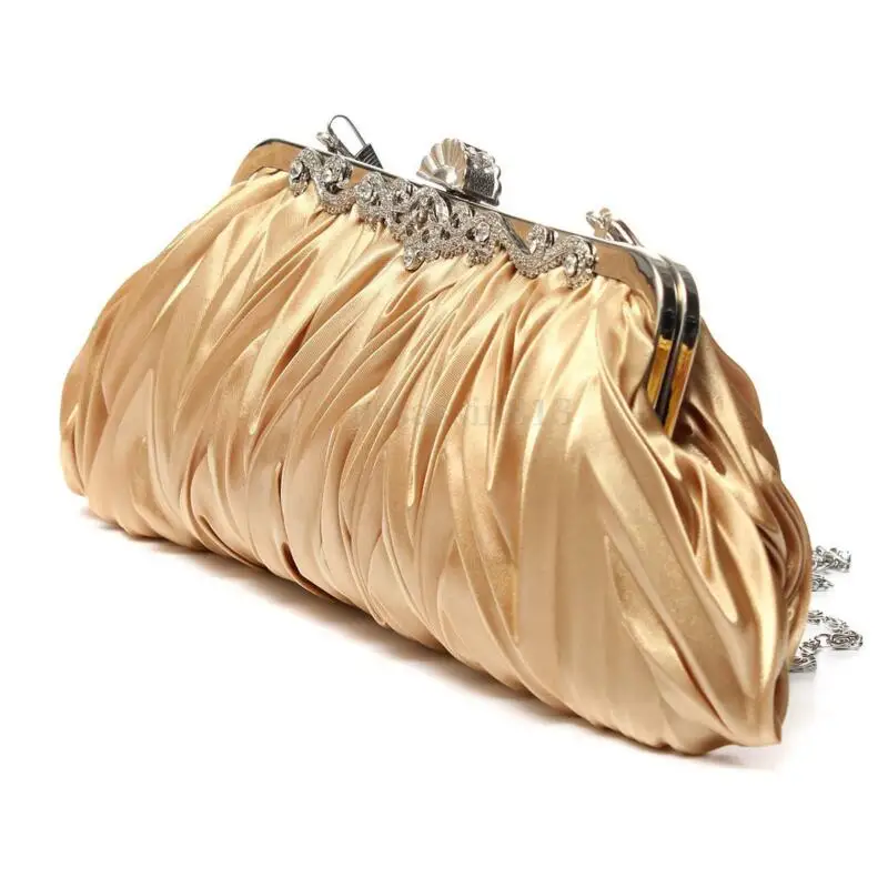 Women Crystal Satin Small Evening Clutch Bag Ladies Elegant Chain Rhinestones Wrinkle Pattern Evening Party Crossbody Bag Purse