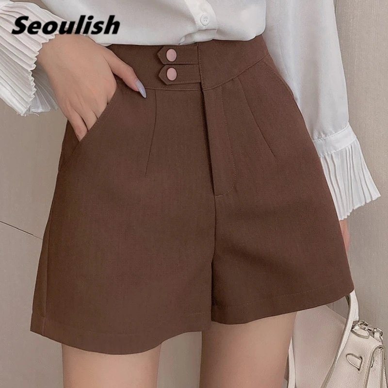 

Seoulish Summer 2021 New Casual Women's Shorts Button High Waist Chic Wide Leg Shorts Female Elegant Loose Trousers Pocket