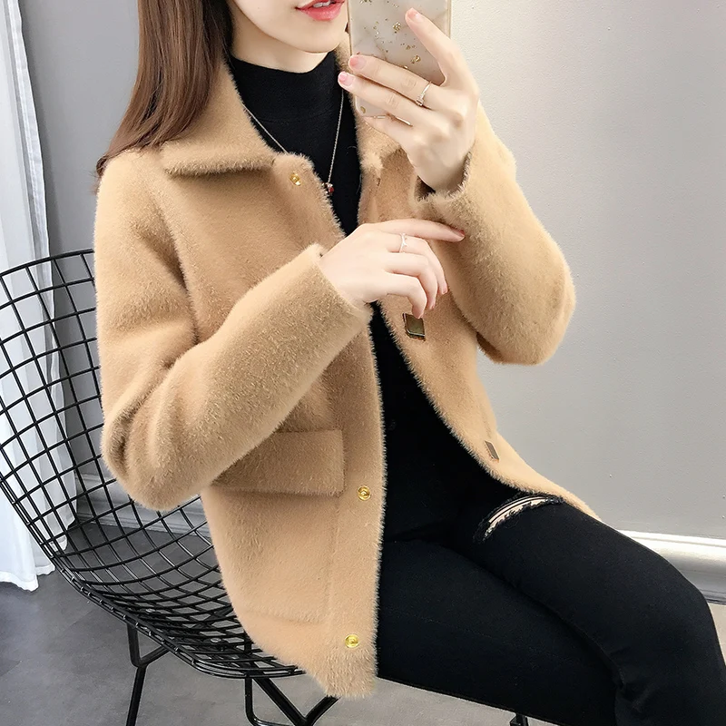 Boutique parka jacket female 2023 new Korean women's short coat mink velvet loose sweater women knitted cardigan overcoat