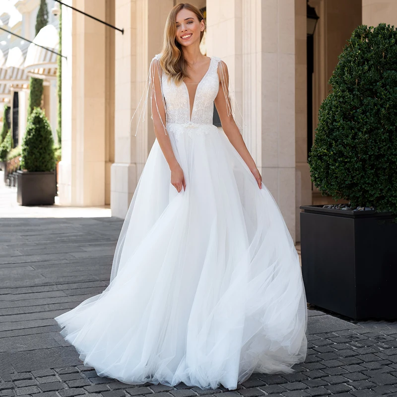 

Sexy Deep V-Neck Tassel Backless Appliques Lace Simple A-Line Tulle Wedding Dress 2022 Vestido De Noiva Bridal Gown