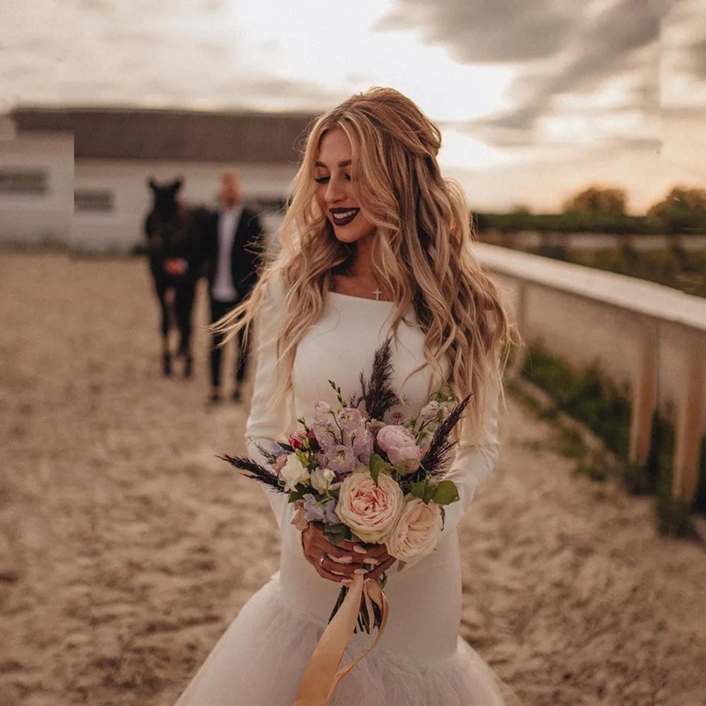 Vestidos de novia de dos piezas de estilo campestre, vestido de novia sencillo de tul de manga larga con cuello redondo, vestidos de novia de playa Vintage personalizados