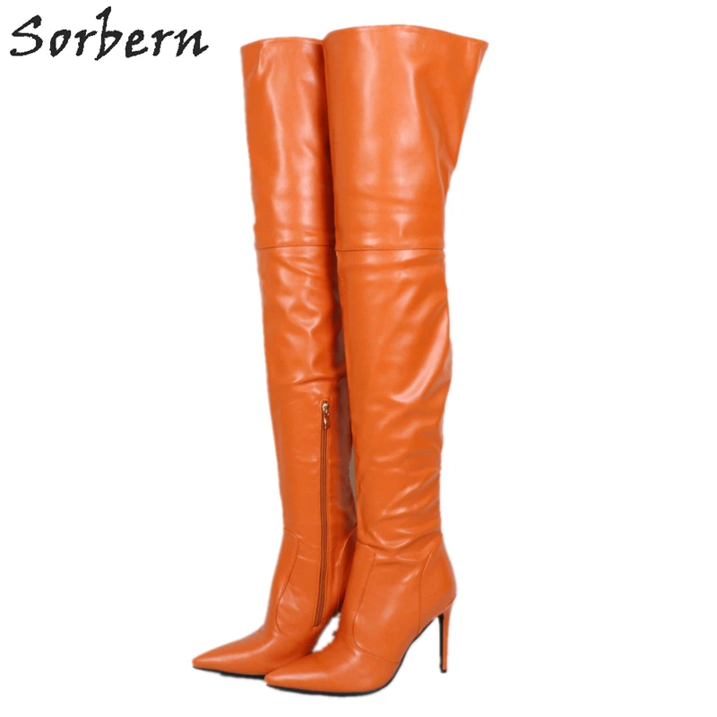 

Sorbern Brown Oil Pu Women Boots Med Thigh High Boots For Women Over The Knee Pointy Toes Side Zipper Custom Leg Size Shoes