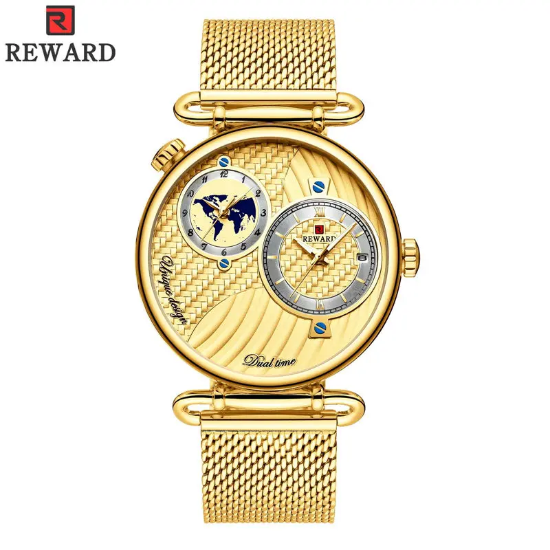 REWARD Mens Quartz Gold Top Brand Luxury Watches Men Sport Waterproof Man Wristwatch Dual time zone Male Clock Relogio Masculino