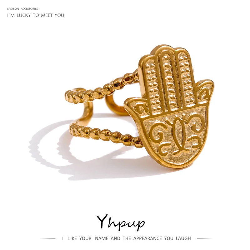 Yhpup Stainless Steel Palm Opening Ring Stylish Unique Design Golden 18 K Metal Women Jewelry Accessories Bagues Pour Femme