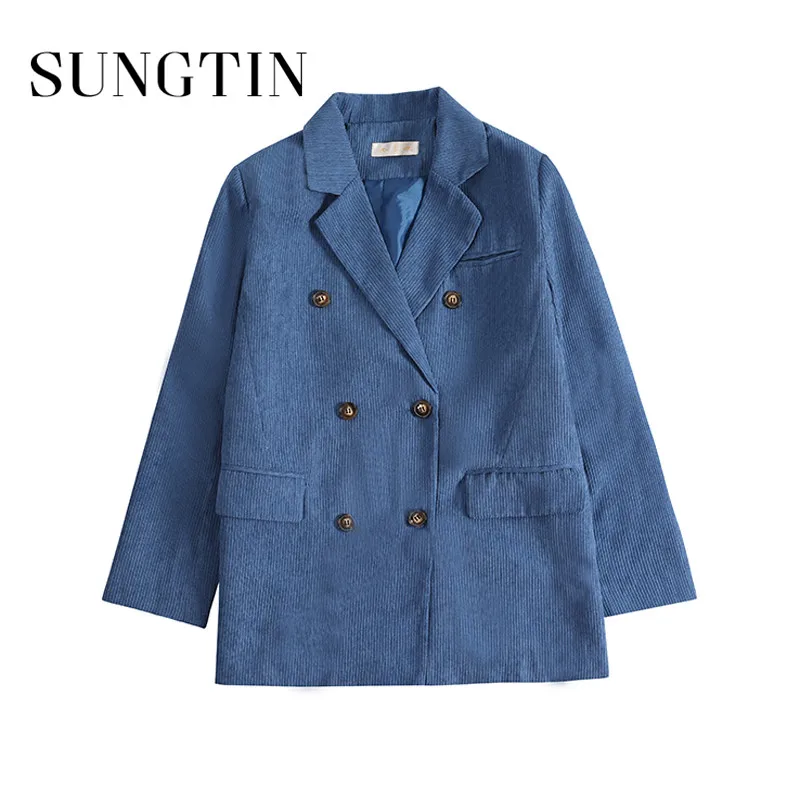 Sungtin 5 Color Korean Office Lady White Oversize Blazer Women Jacket Corduroy Blue Double Breasted Vintage Casual Blazers Retro