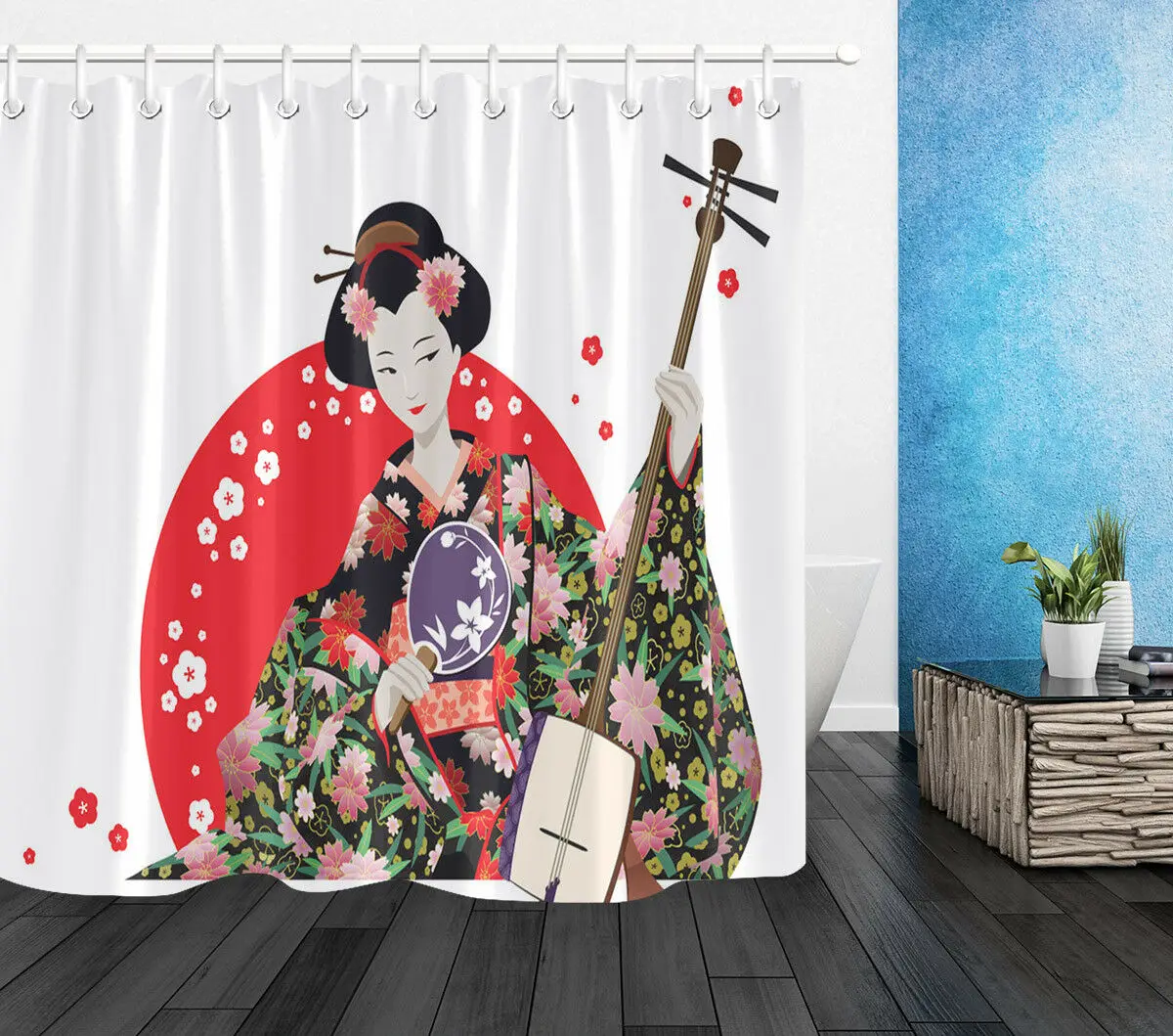 Bathroom Waterproof Fabric & 12 Hooks Japanese Lady Geisha Shower Curtain Set