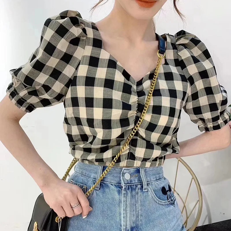 Vintage Plaid Blusen Hemd Frauen 2020 Farbe Block Casual Kühlen Elegante Puff Sleeve V-ausschnitt Chic Kurze Bluse Tops Weibliche blusas