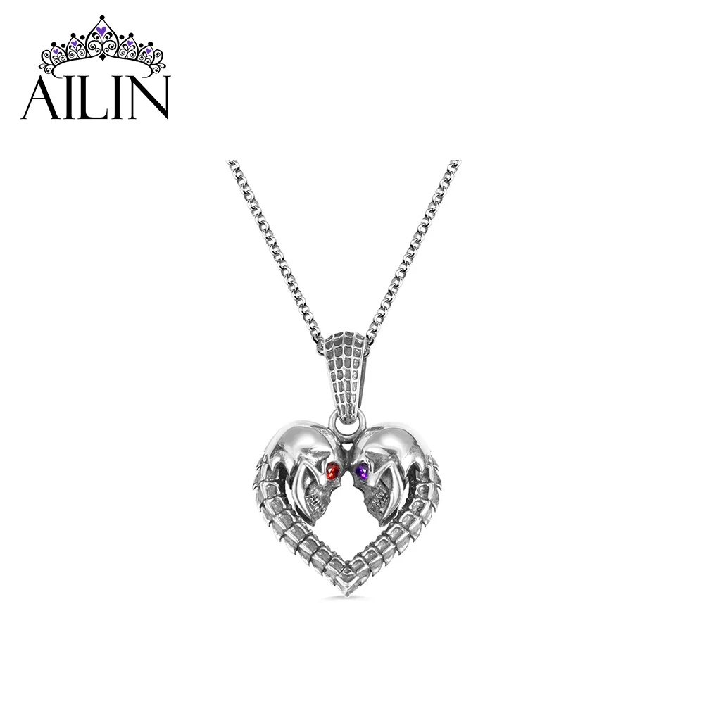 

AILIN Dropshipping Personalized Skull Heart Necklace with Left and Right 1-12 Birthstones Best Gift Jewelry for Woman Man Lover