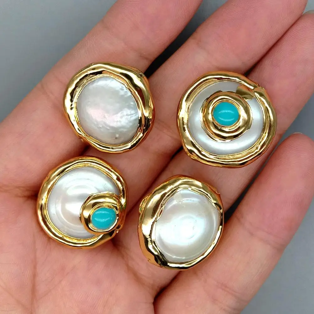 10 pcs Cultured White Coin Pearl Beads Trimmed With Blue Turquoise Metal Bezel