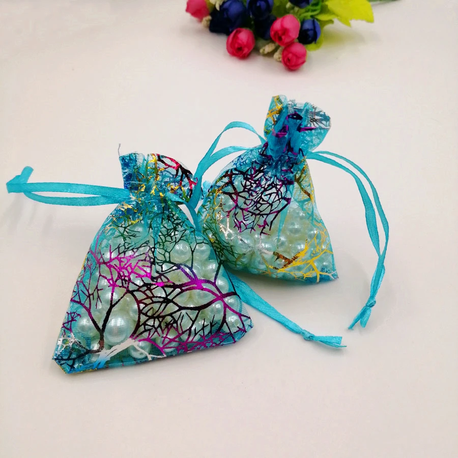 100pcs Blue Coral Organza Bag Drawstring Pouch Bag Organizer Jewelry Box Gift For Wed Christmas Jewelry Display Packaging Bags