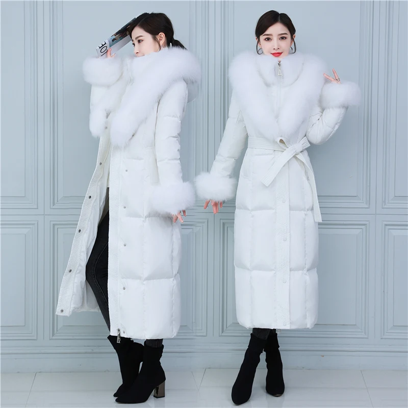 Русский теплый меховой пуховик Fit -30℃ cold Winter Thicker Longer Duck Down Coats Female Large Real Fox Fur Hooded Parkas wy431