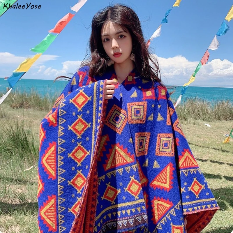 KHALEE YOSE Boho Pattern Knitted Capes Cloak Cardigan Ethnic Floral Chic Vintage Autumn Winter Holiday Cape Shawl Warm Poncho