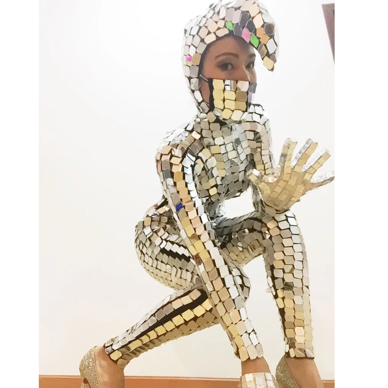 Luvas espelhadas prateadas para apresentação de palco, utensílio para pub, dj, ds gogo dance, acessórios de vestuário com lentes quadradas vdb2323