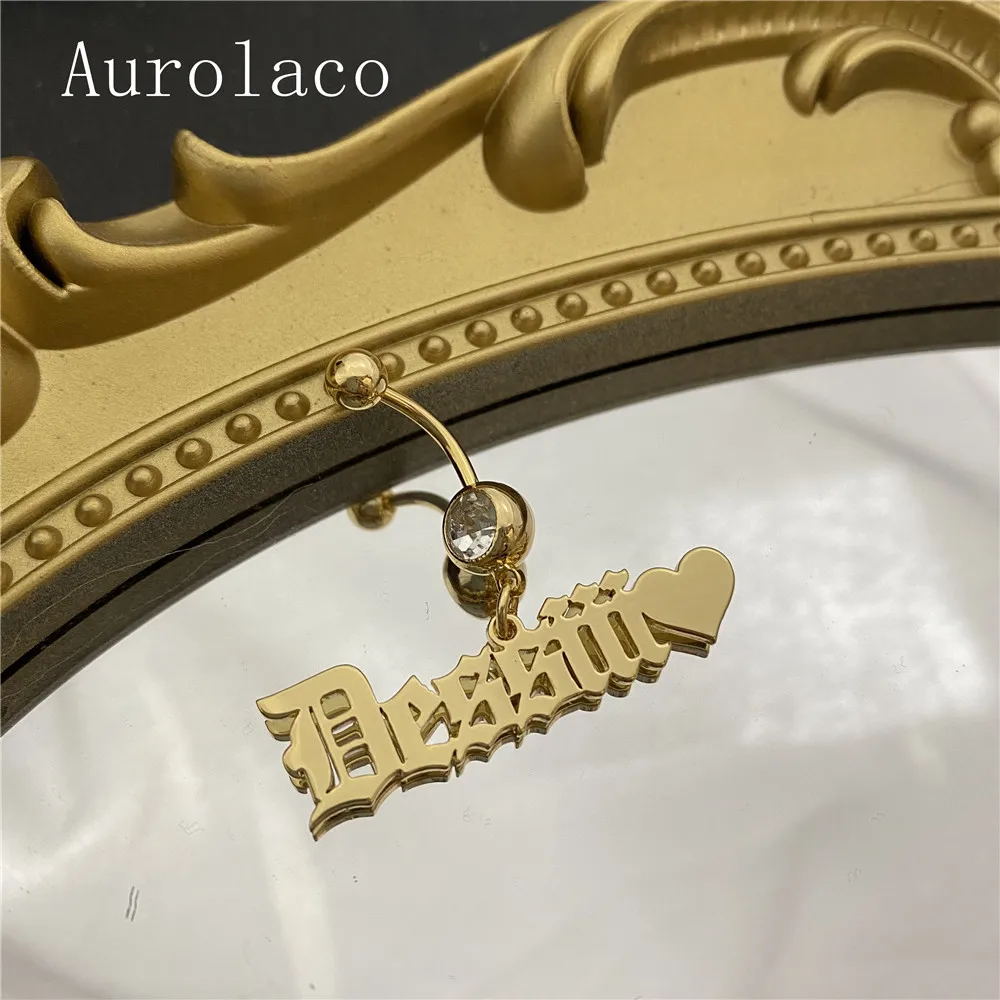 AurolaCo Fashion Custom Name Belly Ring Stainless Steel Custom Body Jewelry Zircon Belly Ring Gold Color Gift for Women