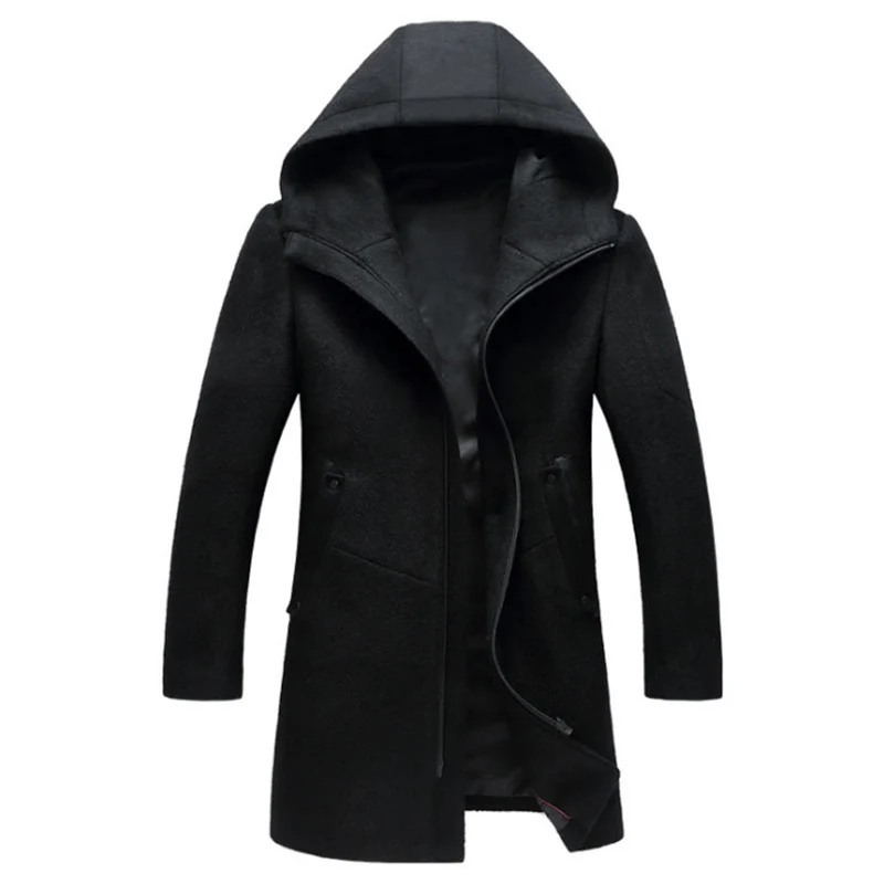 Autumn Winter British style men's wool coat New design Zipper Long trench coat Brand Clothing Top quality hooded woolen coat men