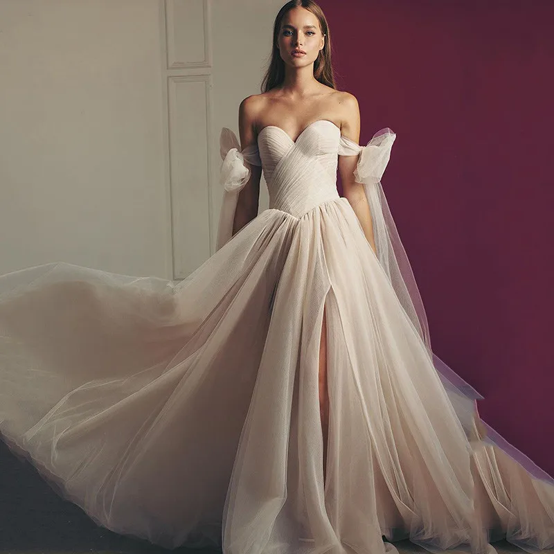 Vestido de novia plisado con escote corazón para mujer, traje de novia color champán y Rosa, con abertura lateral, corte en A, 2022