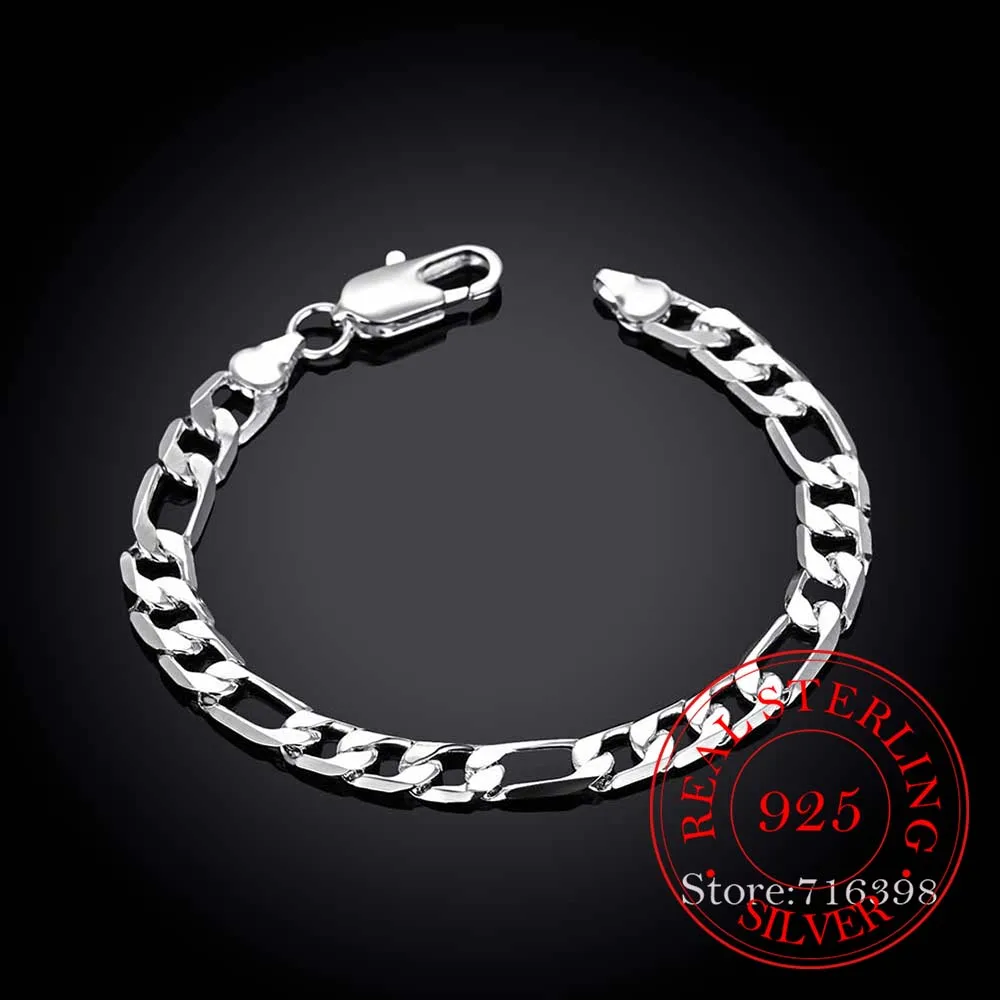 Hot Sale 8MM/6MM Men Figaro Chain Bracelet 925 Silver Cuff Bangles 925 Sterling Silver Fine Jewelry 8 Inch Link Bracelet for Men