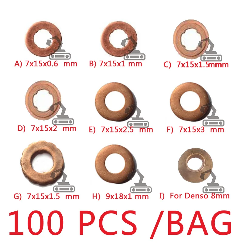 

100pcs 7x15mm EURO-III common rail injector nozzle copper pad gasket for diesel injector sealing, diesel pump repair tool parts