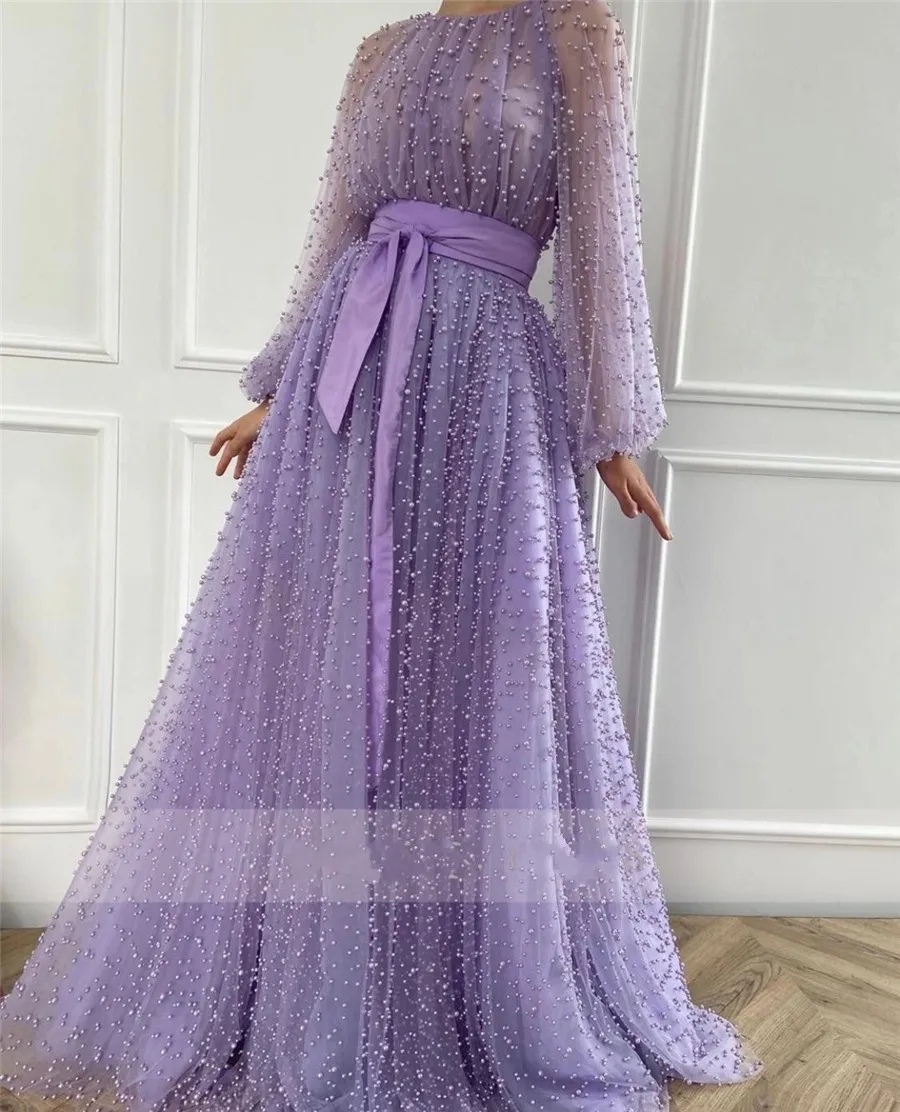 Light Purple Pearl Arabic Muslim Evening Dress 2023 O-neck Long Sleeves with Sash Elegant See Through Prom Formal Gowns Vestidos