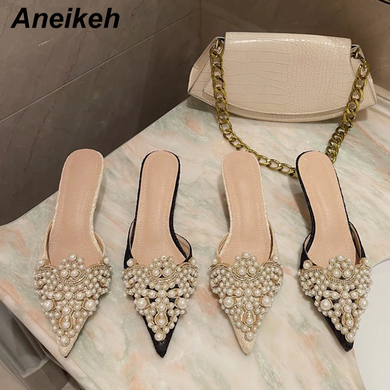 Aneikeh Spring/Autumn Fashion Sexy Women Shoes Elegant String Bead Crystal Patchwork Slip-On 35-42 Thin Heels Slipper NEW 2024