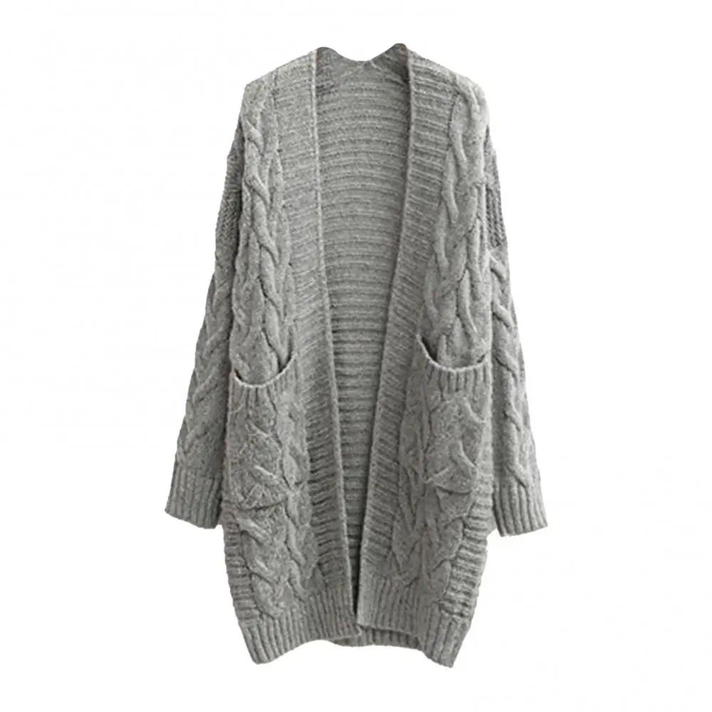 Women's autumn and winter pocket loose cardigan long-sleeved twist knit mid-length jacket lazy twist cardigan knitted jacket2021