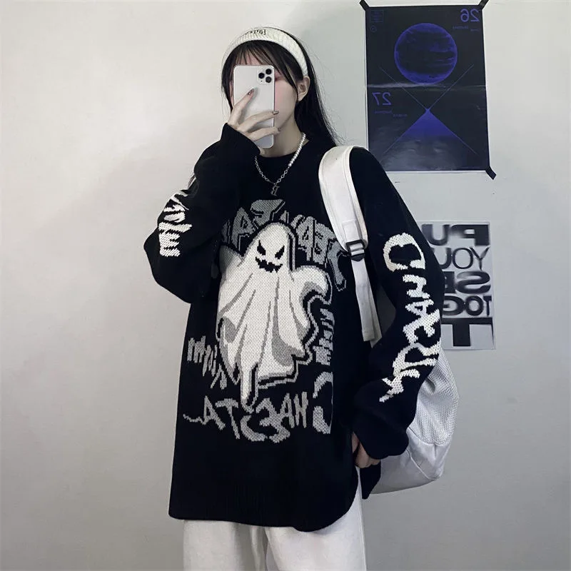 Ponadgabarytowy sweter z dzianiny z nadrukiem kreskówkowym, ciepły sweter na co dzień, sweter Horror, płaszcz vintage, wersja koreańska, moda na
